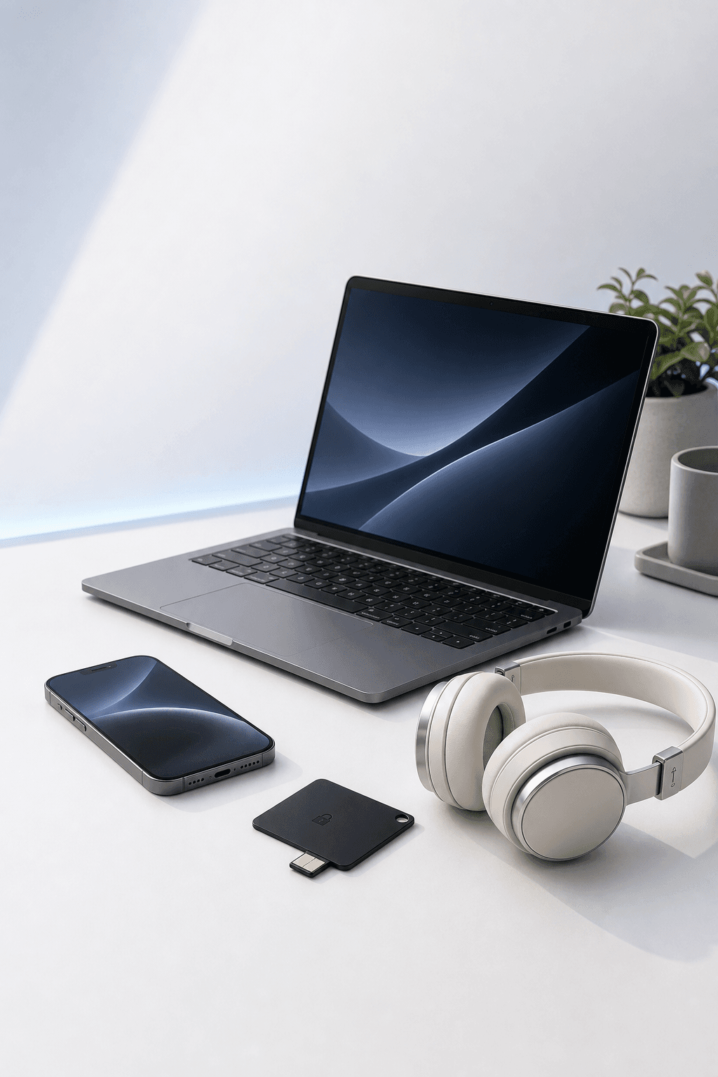 Premium workspace with laptop, phone, headphones, and security key