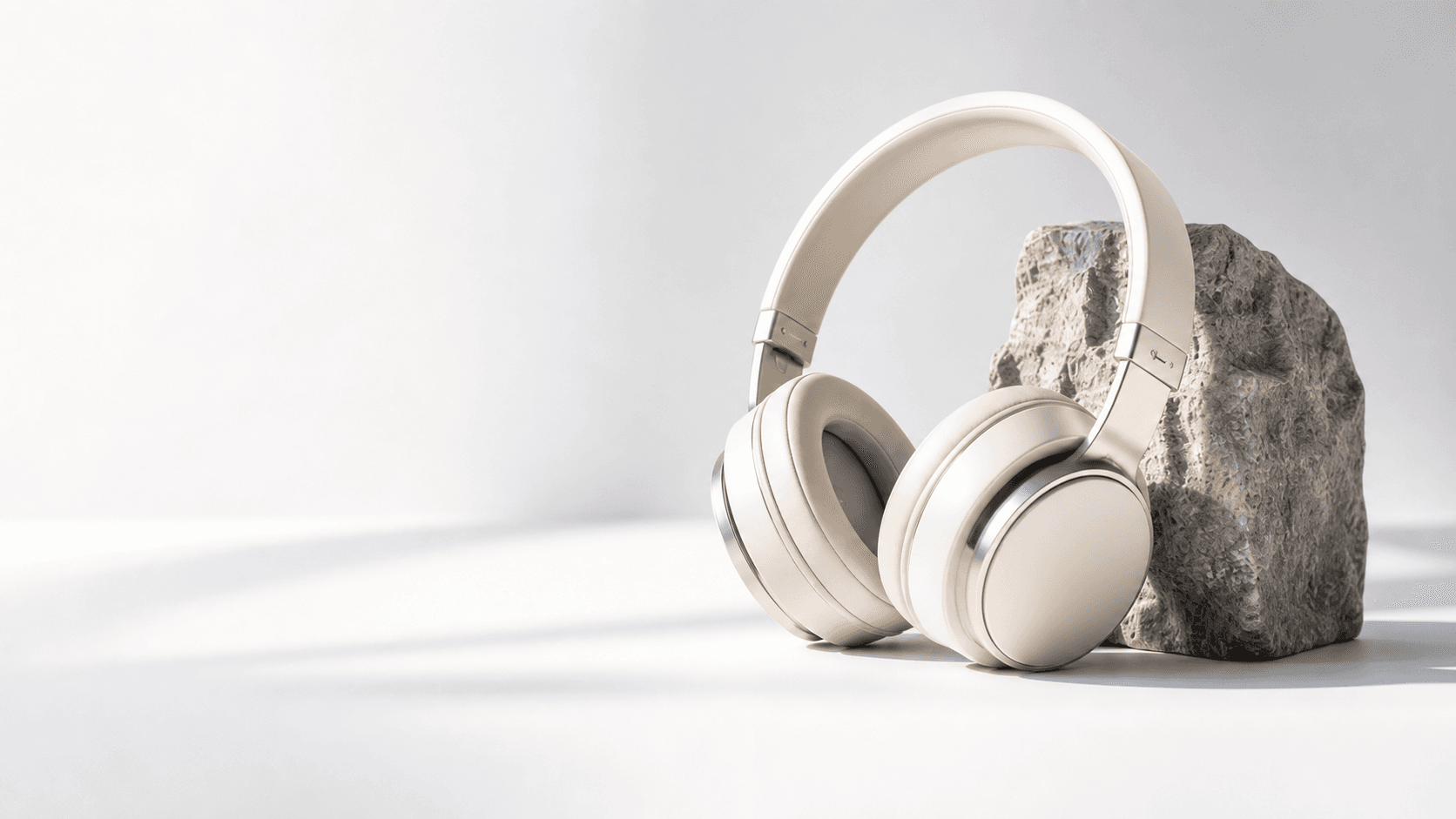 Premium ivory headphones beside a textured stone block